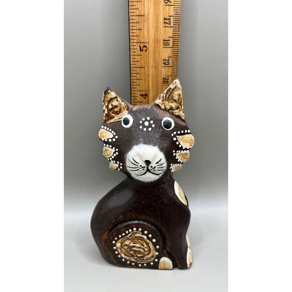 Trio of Brown Wooden Carved Standing Kitty Cat Folk Art Figurines Boho Vtg - Picture 4 of 10